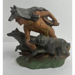 Vintage Provincial Native American Indian Wolves Ceramic Statue Broken Piece